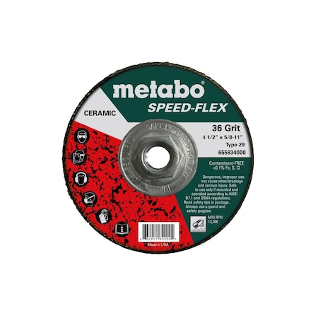 Metabo Resin Fiber Disc 4 1/2" Speed-Flex Ceramic 36 Grit, 5/8"-11, T29 Fiberglass 655834000